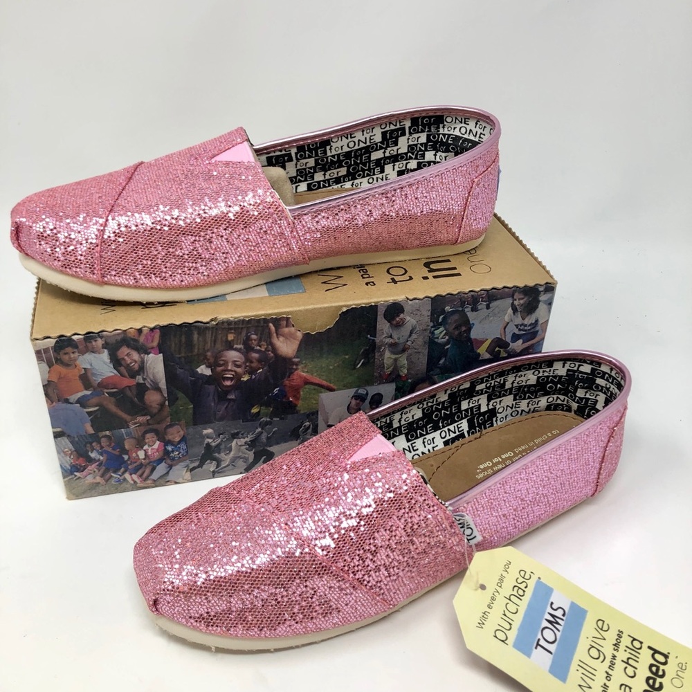 Toms pink sparkly shoes size YOUTH 6 NWT